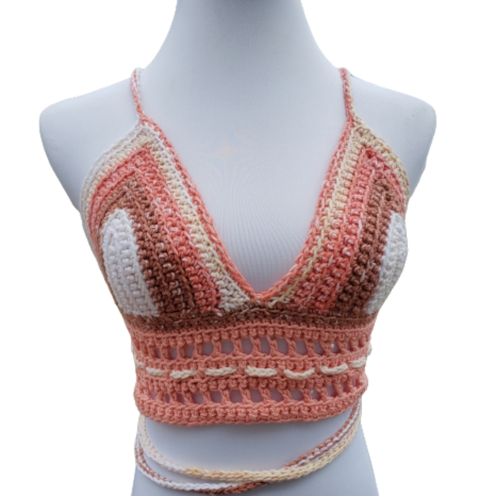 Crop Top PEACH OMBRE Crochet Festival Cotton C CUP Sz SEE DESCRIPTION